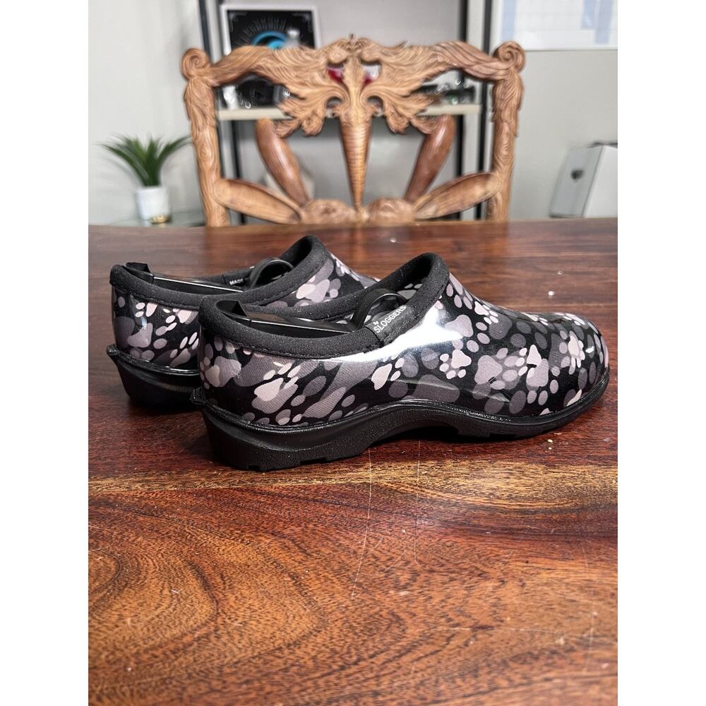 Sloggers Comfort Shoes Women's 6 Black Gray Paw Print Waterproof Garden Clogs